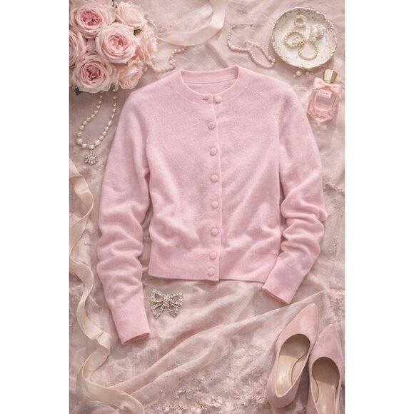 Aqua 100% Cashmere Crewneck Cardigan Cotton Candy Light Pink XS New With Tags - Picture 8 of 15